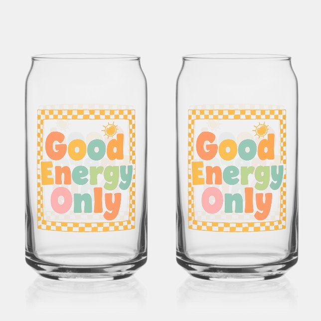 Positive "Good Energy Only" Checkered Frame Can Glass (Front)