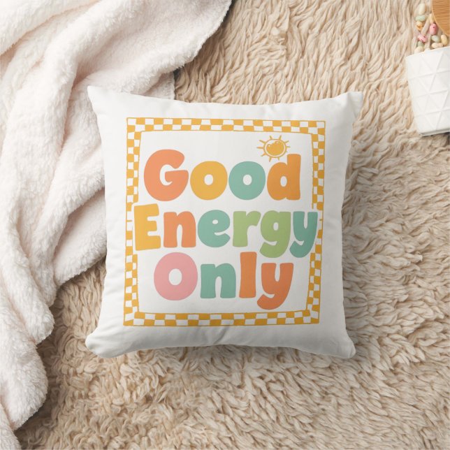 Positive "Good Energy Only" Checkered Frame Throw Pillow (Blanket)