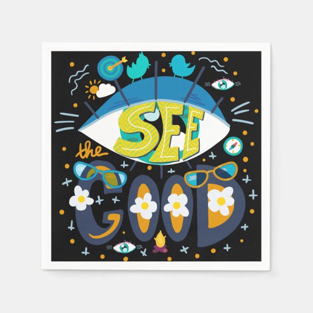 Positive inspirational quote vibrant summer black napkins (Front)