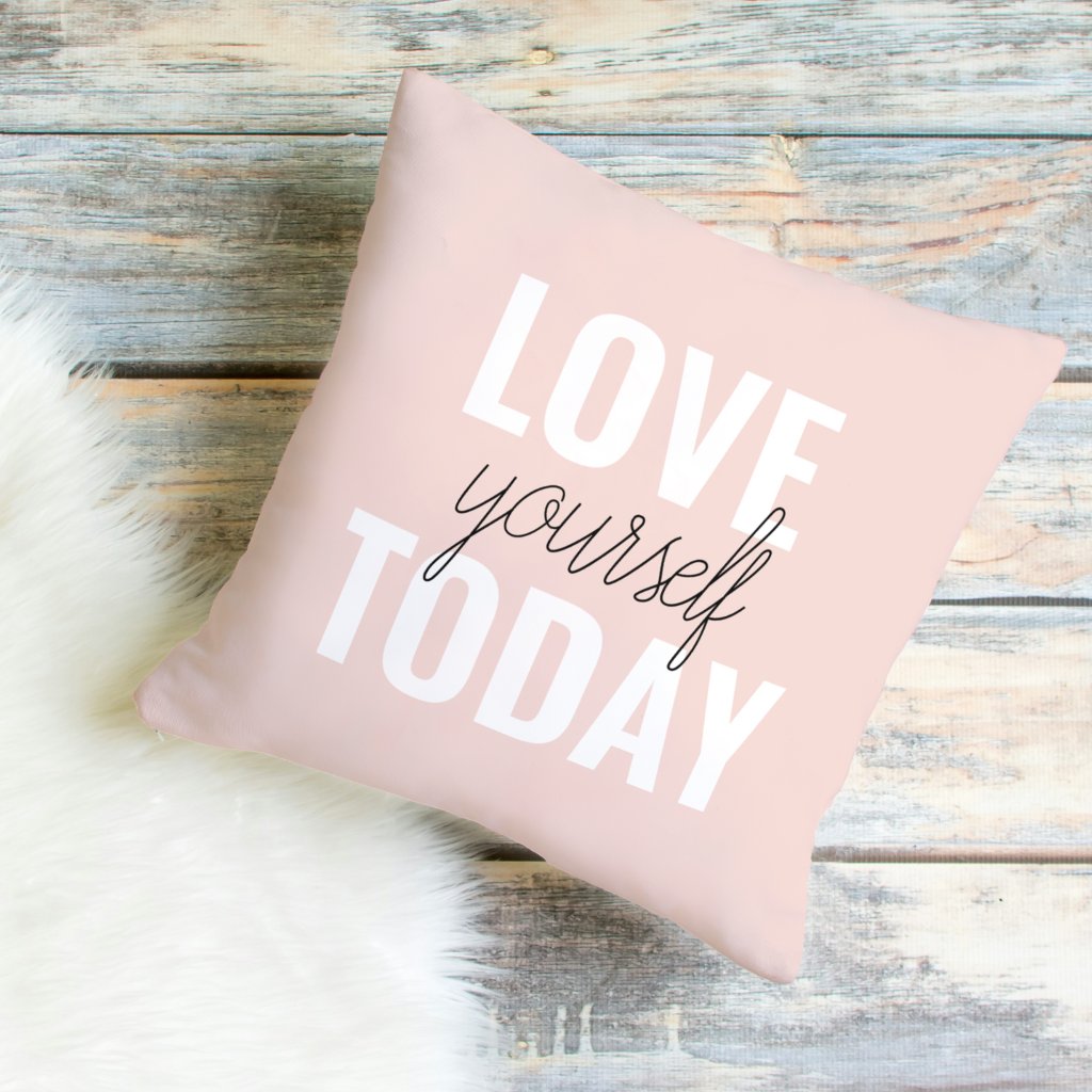 Positive Love Yourself Today Pastel Pink Quote Outdoor Pillow
