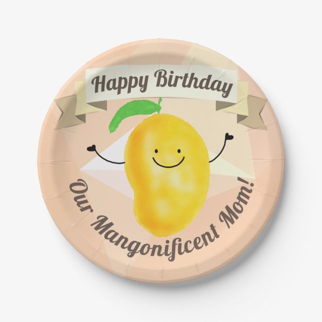 Positive Mango Pun - Birthday Mangonificent Mom Paper Plates (Front)