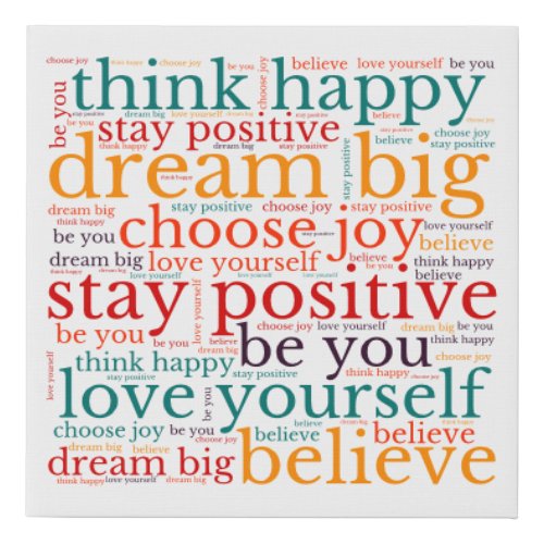 Positive Phrases WordArt Pattern Multicolor White Faux Canvas Print