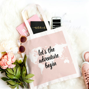 Positive Pink Let's The Adventure Begin World Map Tote Bag
