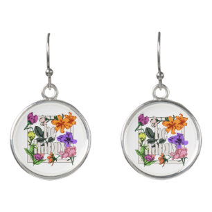 Positive quote Be Happy and garden flowers Earrings