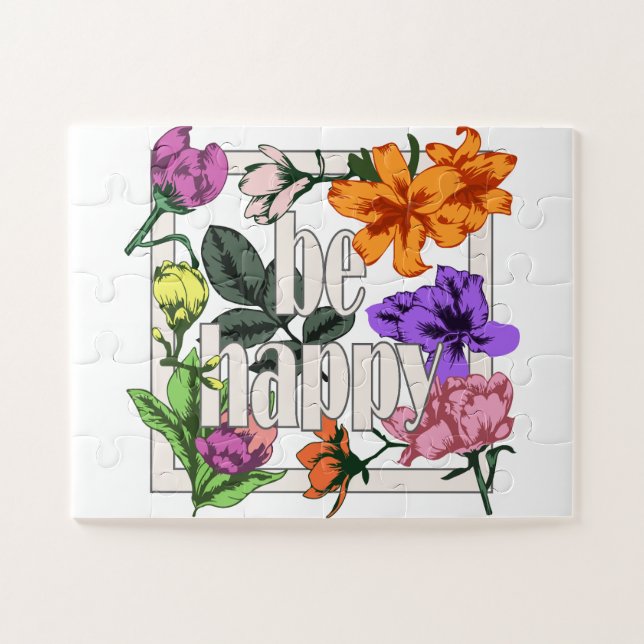 Positive quote Be Happy and garden flowers Jigsaw Puzzle (Horizontal)