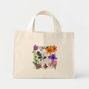 Positive quote Be Happy and garden flowers Mini Tote Bag