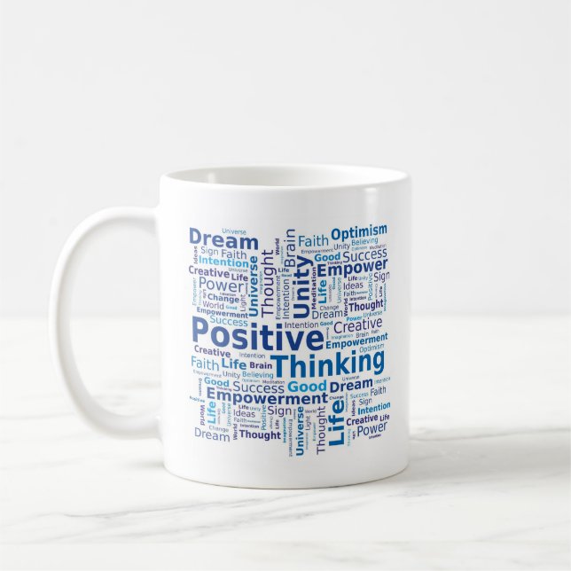 Positive Thinking Word Cloud - Blue Coffee Mug (Left)