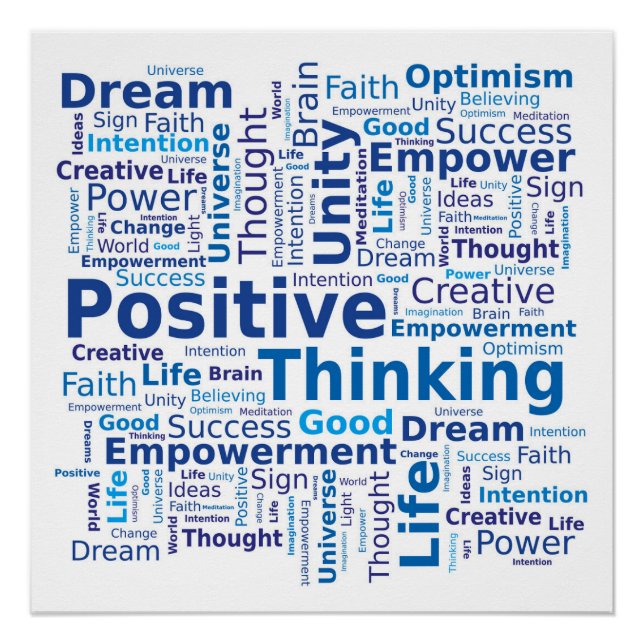 Positive Thinking Word Cloud - Blue Poster (Front)