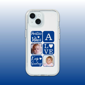 Positive Vibes 2 Photo Initial White Blue Iphone 15 Case by LynnroseDesigns at Zazzle
