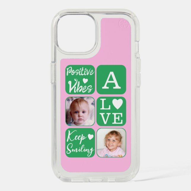 Positive vibes 2 photo initial white green pink speck iPhone case (Front)