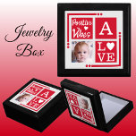 Positive vibes add photo initial red grey<br><div class="desc">Keepsake jewelry / jewellery gift box.
Personalize with an initial and photo.
Positive vibes / Love,  with a love heart and the colors red,  grey and white.</div>