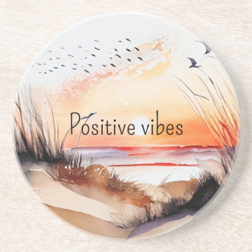 Positive Vibes Beach Sunset with Birds  Coaster