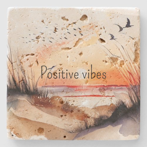 Positive Vibes Beach Sunset with Birds   Stone Coaster