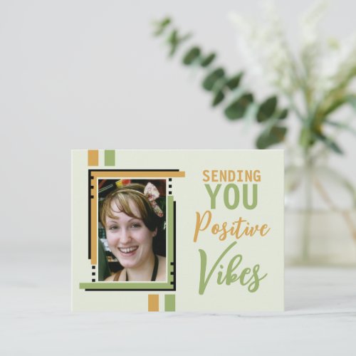 Positive vibes encouragement add photo gold green postcard
