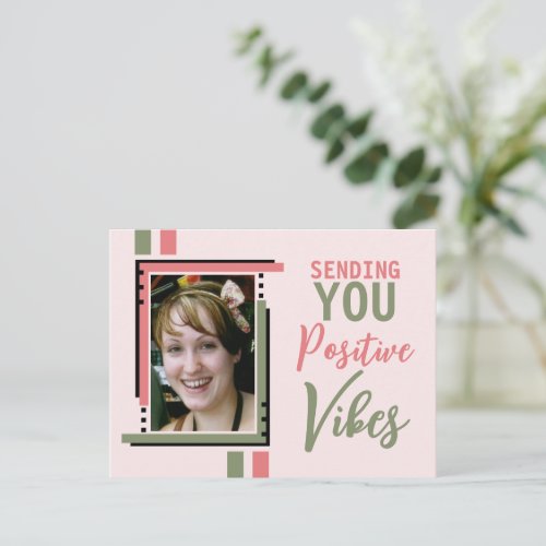Positive vibes encouragement add photo green pink postcard