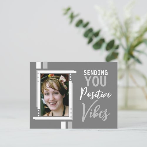 Positive vibes encouragement add photo grey white postcard