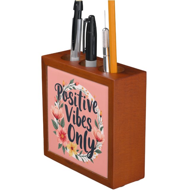 Positive Vibes Only Floral Wreath Design Desk Organizer (In Situ)