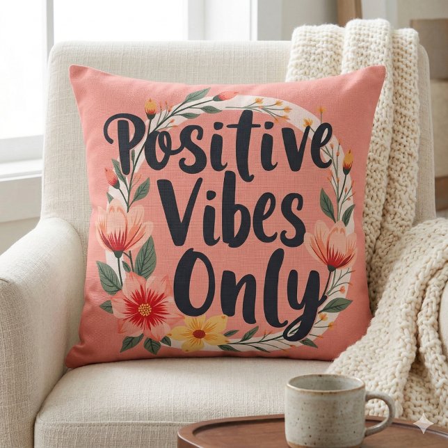 Positive Vibes Only Floral Wreath Design Throw Pillow (Positive Vibes Only Floral Wreath Design Throw Pillow Mockup D)