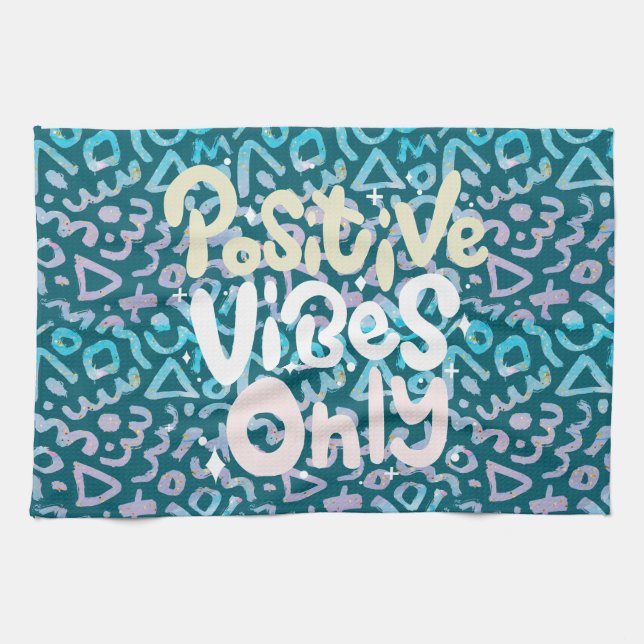 Positive vibes only green geometric kitchen towel (Horizontal)