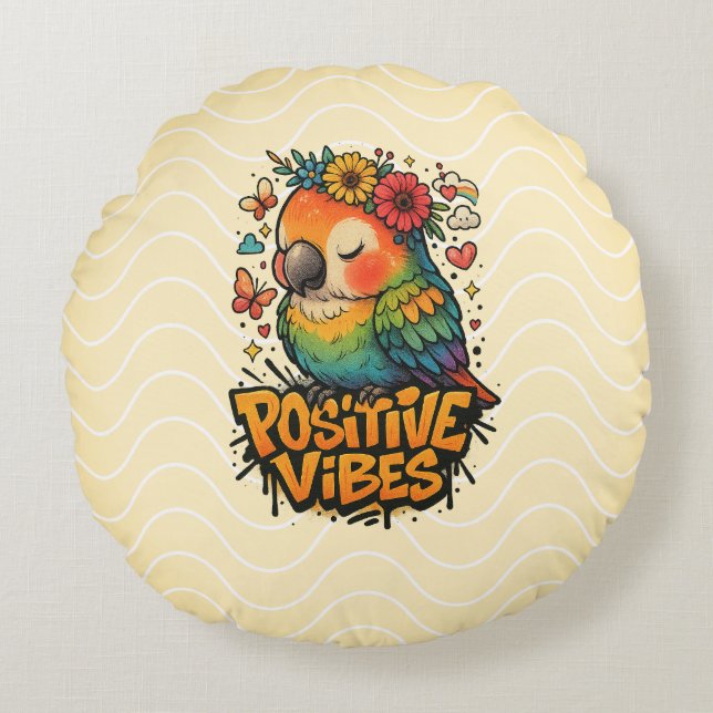 “Positive Vibes” Parrot Round Pillow (Front)