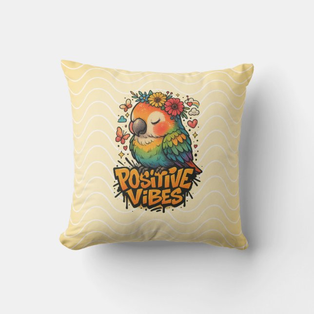 “Positive Vibes” Parrot Throw Pillow (Front)