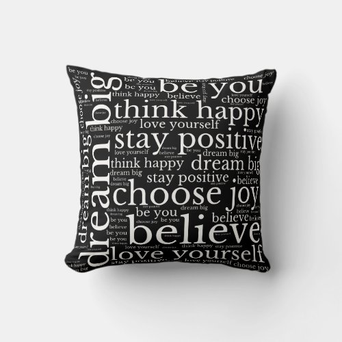 Positive Vibes WordArt Pattern White Text Black Throw Pillow