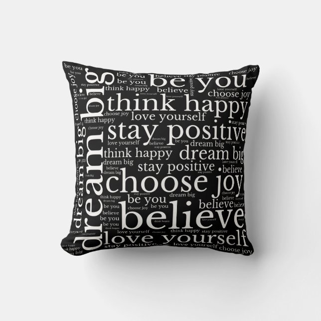 Positive Vibes WordArt Pattern White Text Black Throw Pillow (Front)