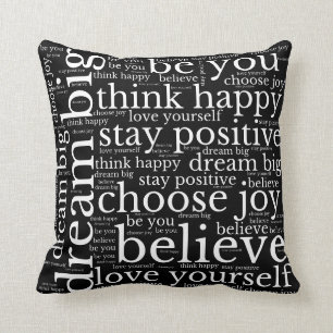 Positive Vibes WordArt Pattern White Text Black Throw Pillow