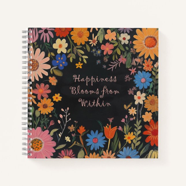 Positivity Journal with Folk Flowers on Black (Front)