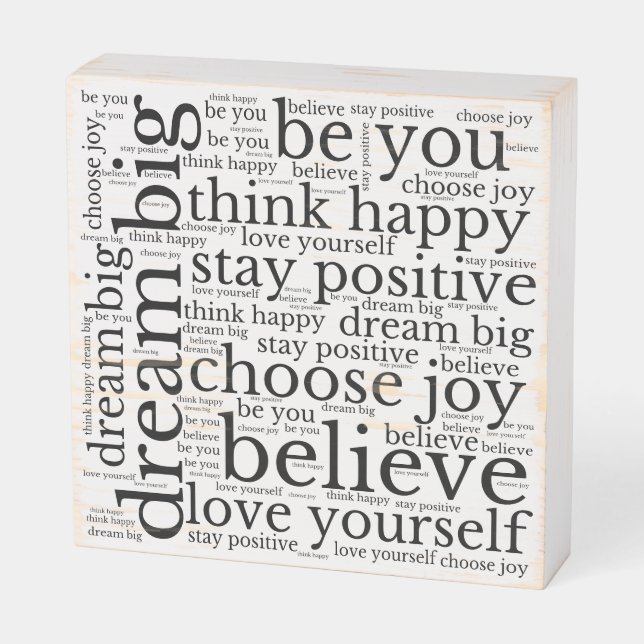 Positivity WordArt Pattern Black Text White Wooden Box Sign (Angled Horizontal)