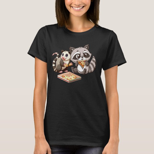 Possum and Raccoon Eating Pizza Wildlife Animal Fo T-Shirt (Front)