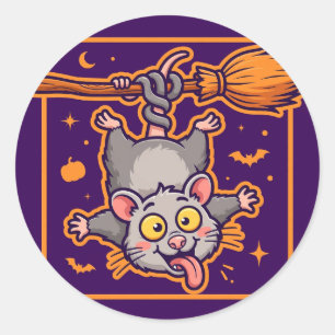Possum Broomstick Halloween Classic Round Sticker