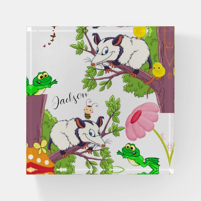 Possum Chick Frog Floral School Office Paperweight (Front)