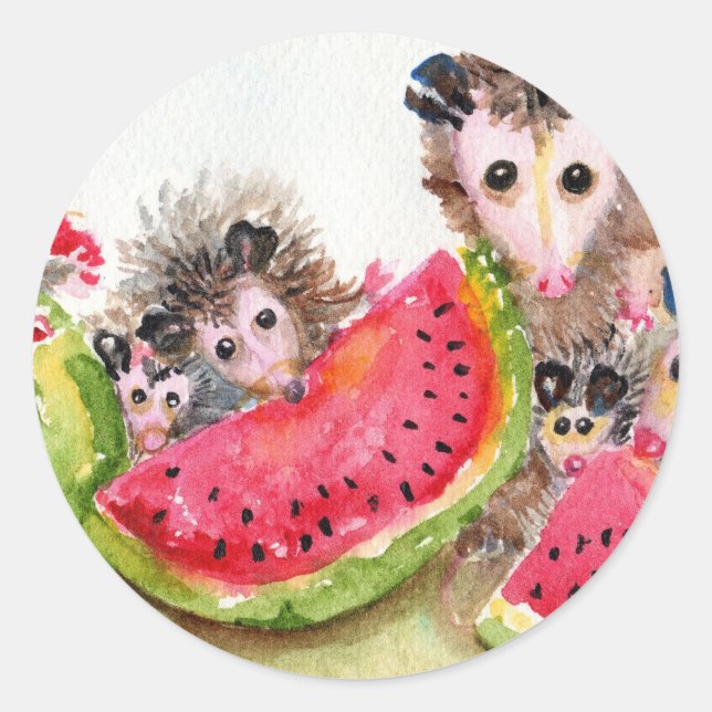 Possum Family Picnic Classic Round Sticker (Front)
