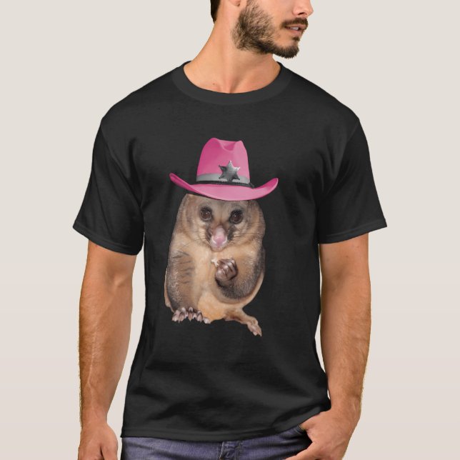 Possum Opossum Wearing Pink Cowboy Hat Funny T-Shirt (Front)