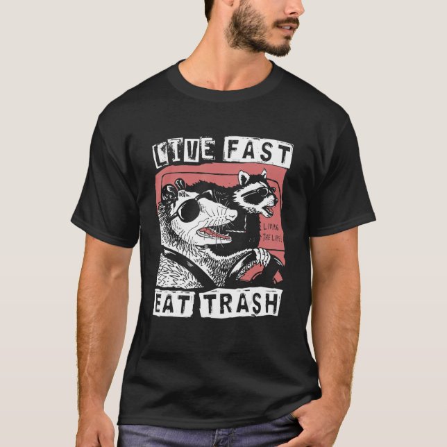Possum Raccoon Live Fast Eat Trash Street Cats Squ T-Shirt (Front)