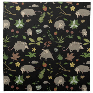 Possums in a Berry Field in Black Cloth Napkin