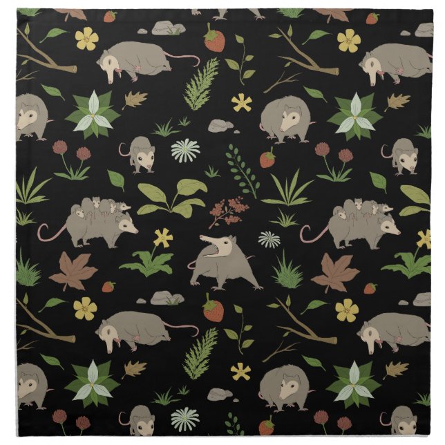Possums in a Berry Field in Black Cloth Napkin (Front)