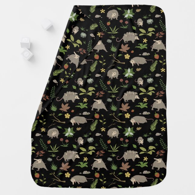 Possums in a Berry Field in Black Gender Neutral Baby Blanket (In Situ)