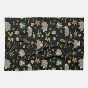 Possums in a Berry Field in Black Kitchen Towel