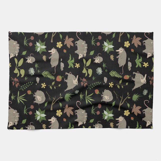 Possums in a Berry Field in Black Kitchen Towel (Horizontal)