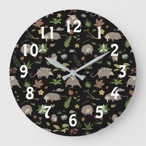 Possums in a Berry Field in Black Large Clock