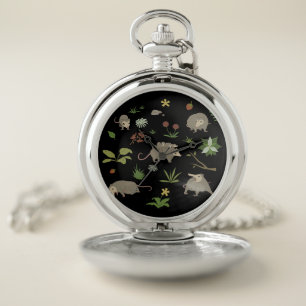 Possums in a Berry Field in Black Pocket Watch