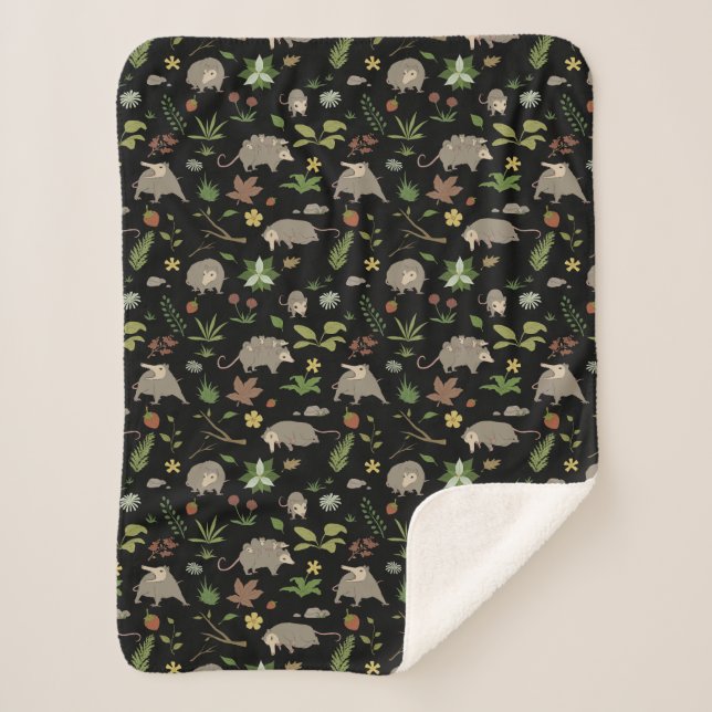 Possums in a Berry Field in Black Sherpa Blanket (Front)