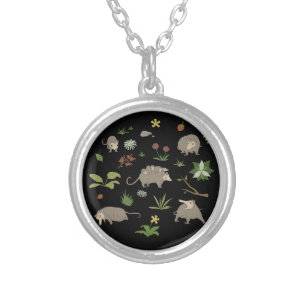 Possums in a Berry Field in Black Silver Plated Necklace