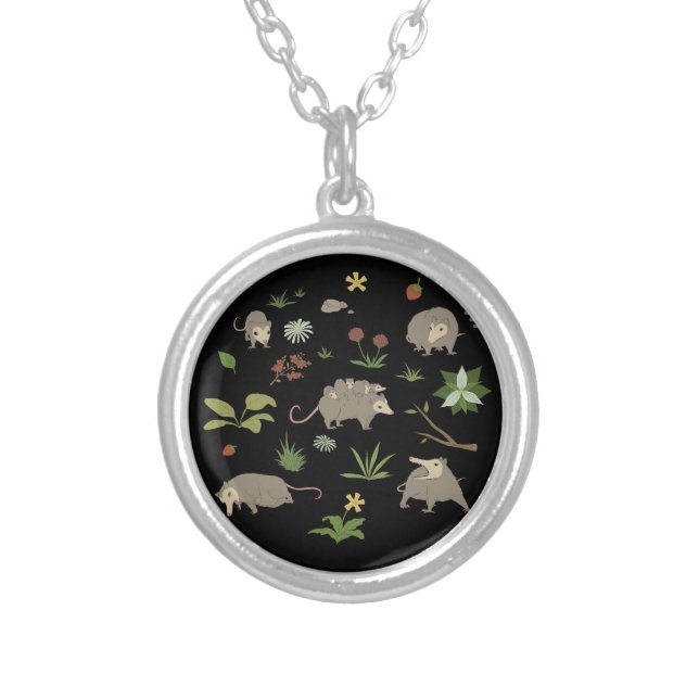 Possums in a Berry Field in Black Silver Plated Necklace (Front)