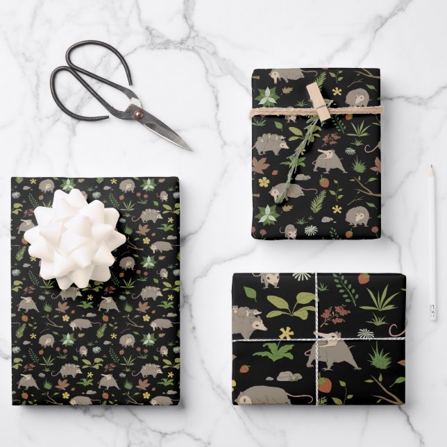 Possums in a Berry Field in Black Wrapping Paper Sheets (Front)