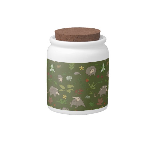Possums in a Berry Field in Green Candy Jar (Front)