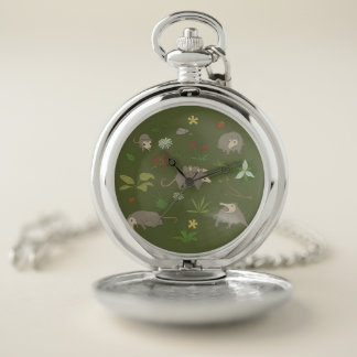 Possums in a Berry Field in Green Pocket Watch