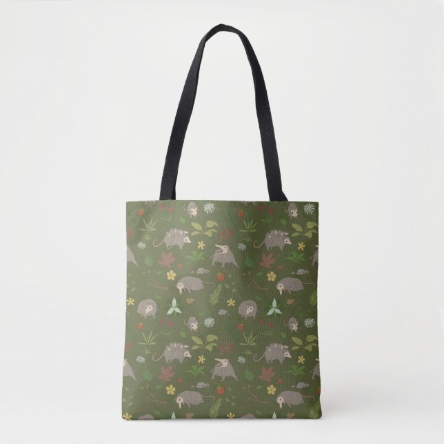Possums in a Berry Field in Green Tote Bag (Front)